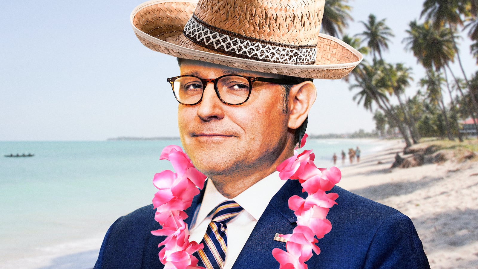 A photo illustration of Mike Johnson on a beach vacation.