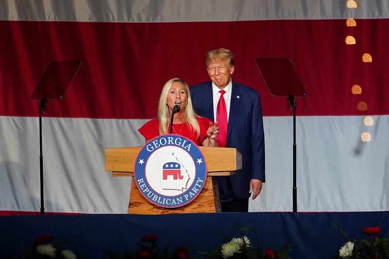 Former U.S. President and Republican presidential candidate Donald Trump and U.S. Rep. Marjorie Taylor Greene (R-GA) attend the Georgia Republican Party convention in Columbus, Georgia, U.S. June 10, 2023.
