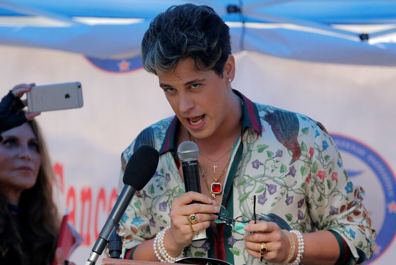 Milo Yiannopoulos speaks during a protest against CUNY commencement speaker Linda Sarsour, former executive director of the Arab American Association in New York City, U.S., May 25, 2017.