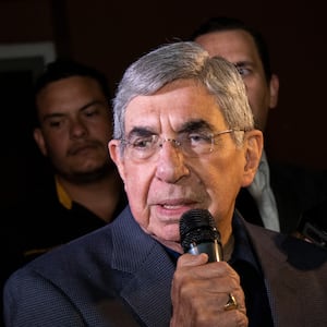 SAN JOSE, COSTA RICA – JANUARY 23: Former President of Costa Rica and Noble Prize Winner Oscar Arias speaks during a demonstration in support of Venezuela opposition leader Juan Guaidó as interim president on January 23 in San José, Costa Rica.