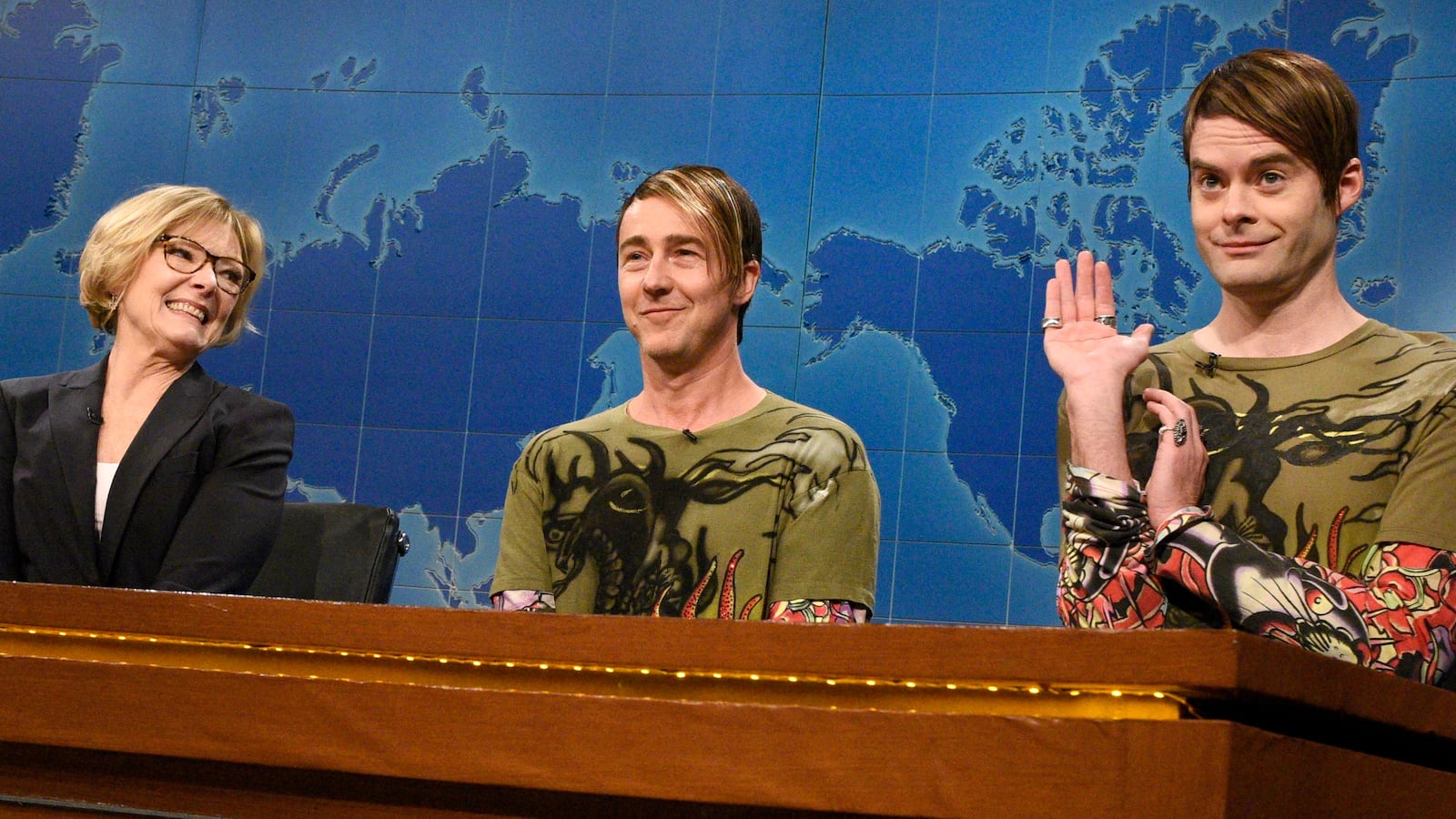SATURDAY NIGHT LIVE 40TH ANNIVERSARY SPECIAL -- Pictured: (l-r) Jane Curtin, Edward Norton as Stefon, Bill Hader as Stefon during Weekend Update on February 15, 2015 -- (Photo by: Dana Edelson/NBCU Photo Bank/NBCUniversal via Getty Images via Getty Images)