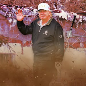 A photo illustration of Donald Trump and the destruction of the White House East Wing.