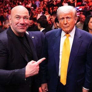 Donald Trump attends the UFC 314 event alongside UFC President and CEO Dana White at Kaseya Center on April 12, 2025 in Miami, Florida.