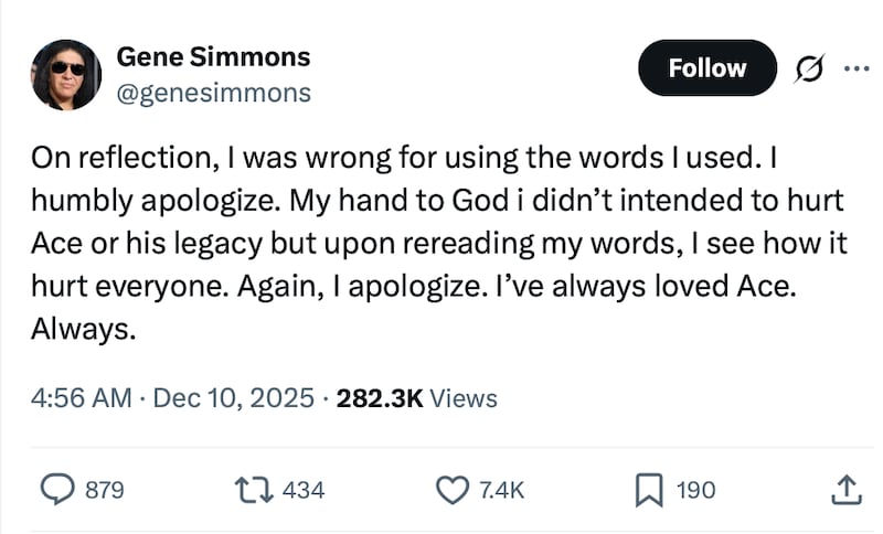 Simmons apologized for insinuating that there was more to the story of Frehley's accidental death.