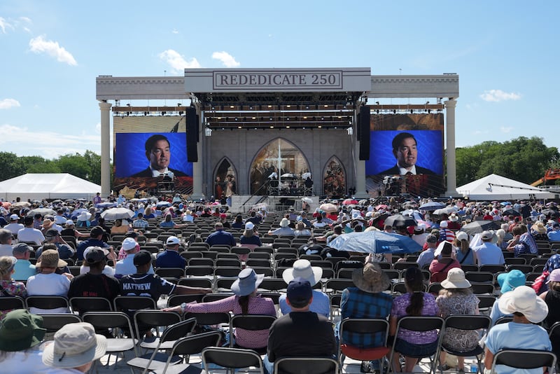 U.S. Secretary of State Marco Rubio appears on a screen at the Rededicate 250: A National Jubilee of Prayer, Praise & Thanksgiving at the National Mall in Washington, D.C., U.S., May 17, 2026.