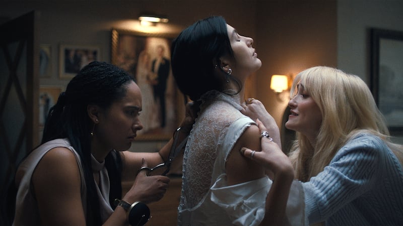 (L-R) Karla Crome as Nell, Camila Morrone as Rachel Harkin, Gus Birney as Portia in Something Very Bad Is Going to Happen.