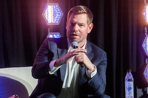 California Rep. Eric Swalwell speaks during Jewish California Governor 2026 Candidate Forum at Skirball Cultural Center on Thursday, Feb. 26, 2026 in Los Angeles, CA.