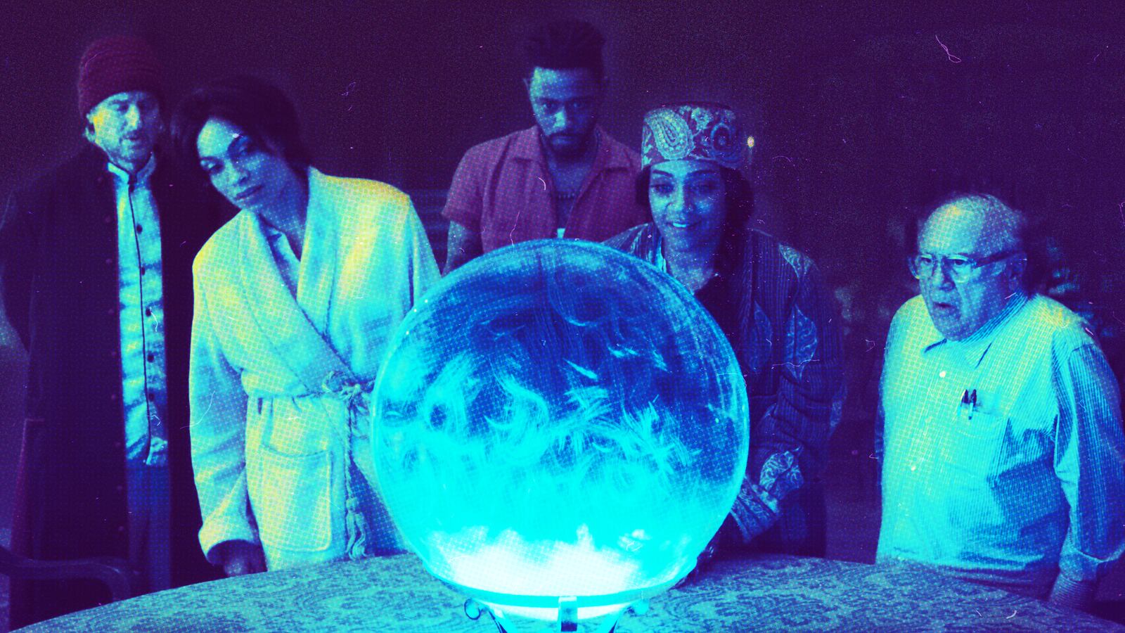 A photo illustration of the cast of Disney's The Haunted Mansion.