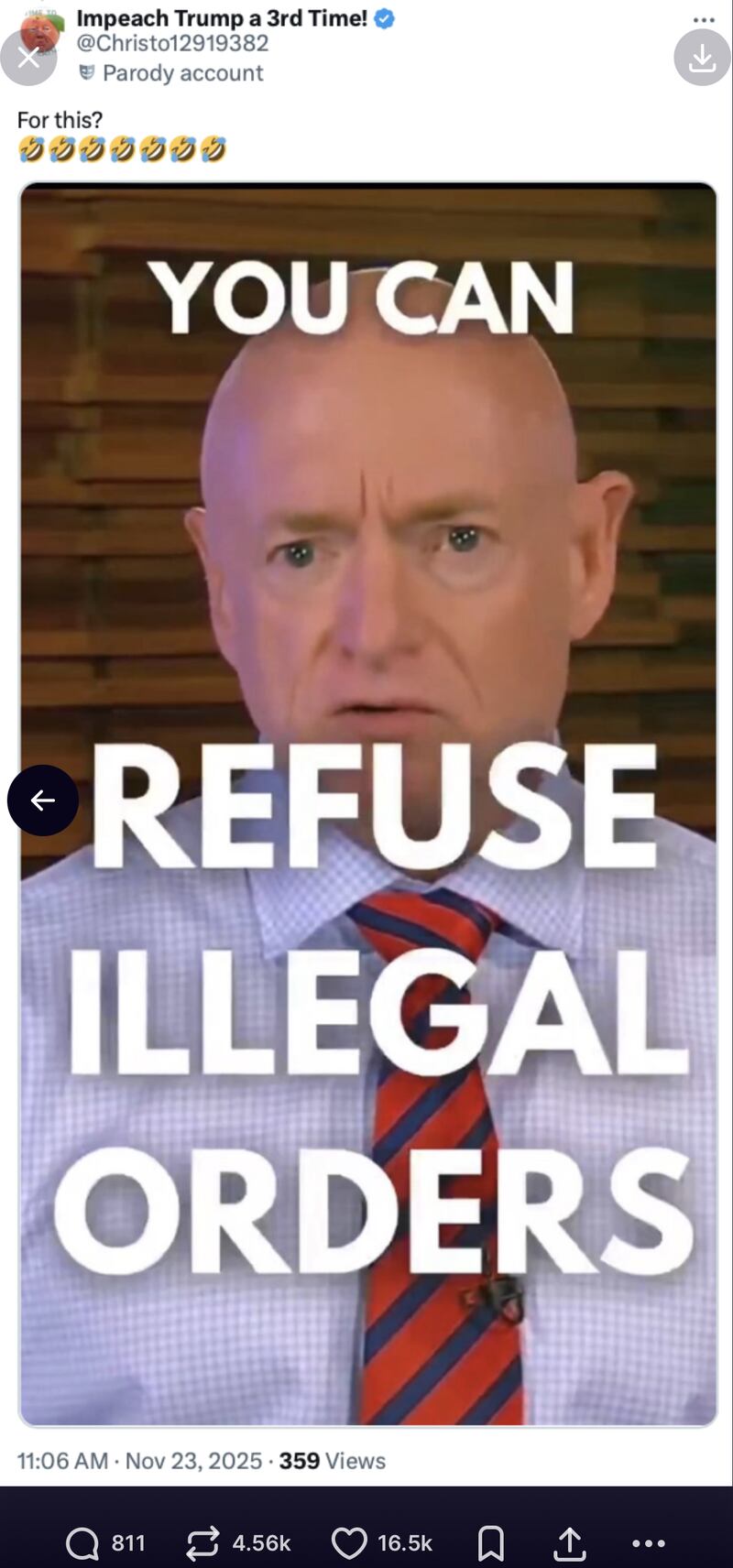 You Can Refuse Illegal Orders over a photo of Mark Kelly