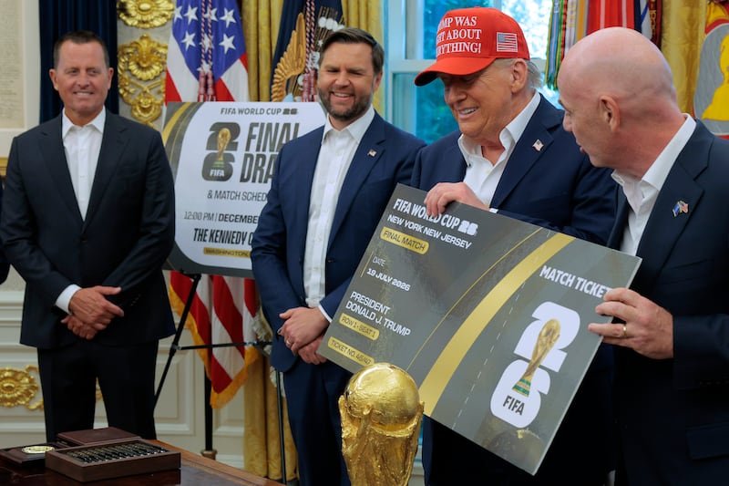 From left: Ric Grenell, JD Vance, Donald Trump, and Giovanni Infantino