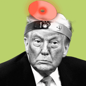 Illo illustration of Donald Trump wearing a doctor medical head reflector light that looks like a red flashing alarm