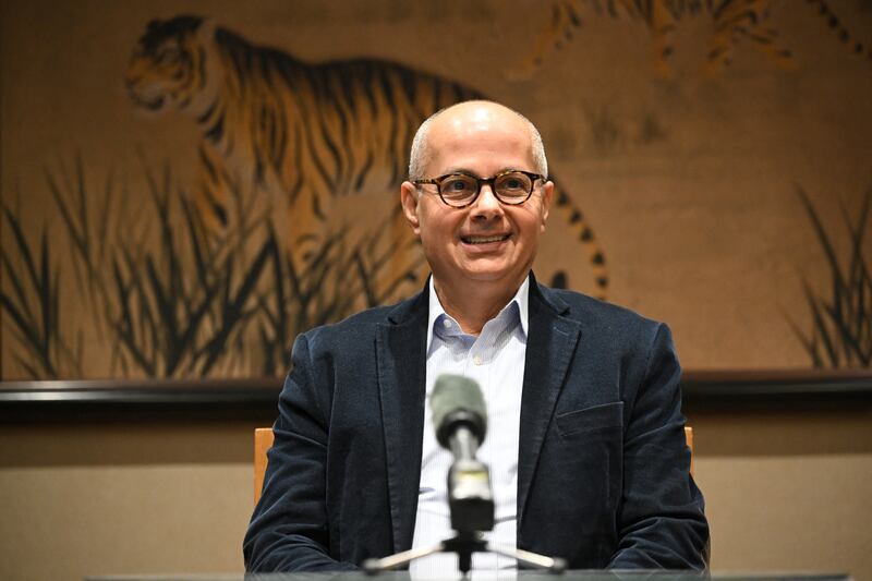 American-Jordanian scientist Omar Yaghi holds a press conference after winning the 2025 Nobel Prize for Chemistry, in Brussels on October 8, 2025. The chemistry Nobel was awarded on October 8 to three scientists who discovered a revolutionary way of making materials full of tiny holes that can do everything from sucking water out of the desert air to capturing climate-warming carbon dioxide. (Photo by Nicolas TUCAT / AFP) (Photo by NICOLAS TUCAT/AFP via Getty Images)