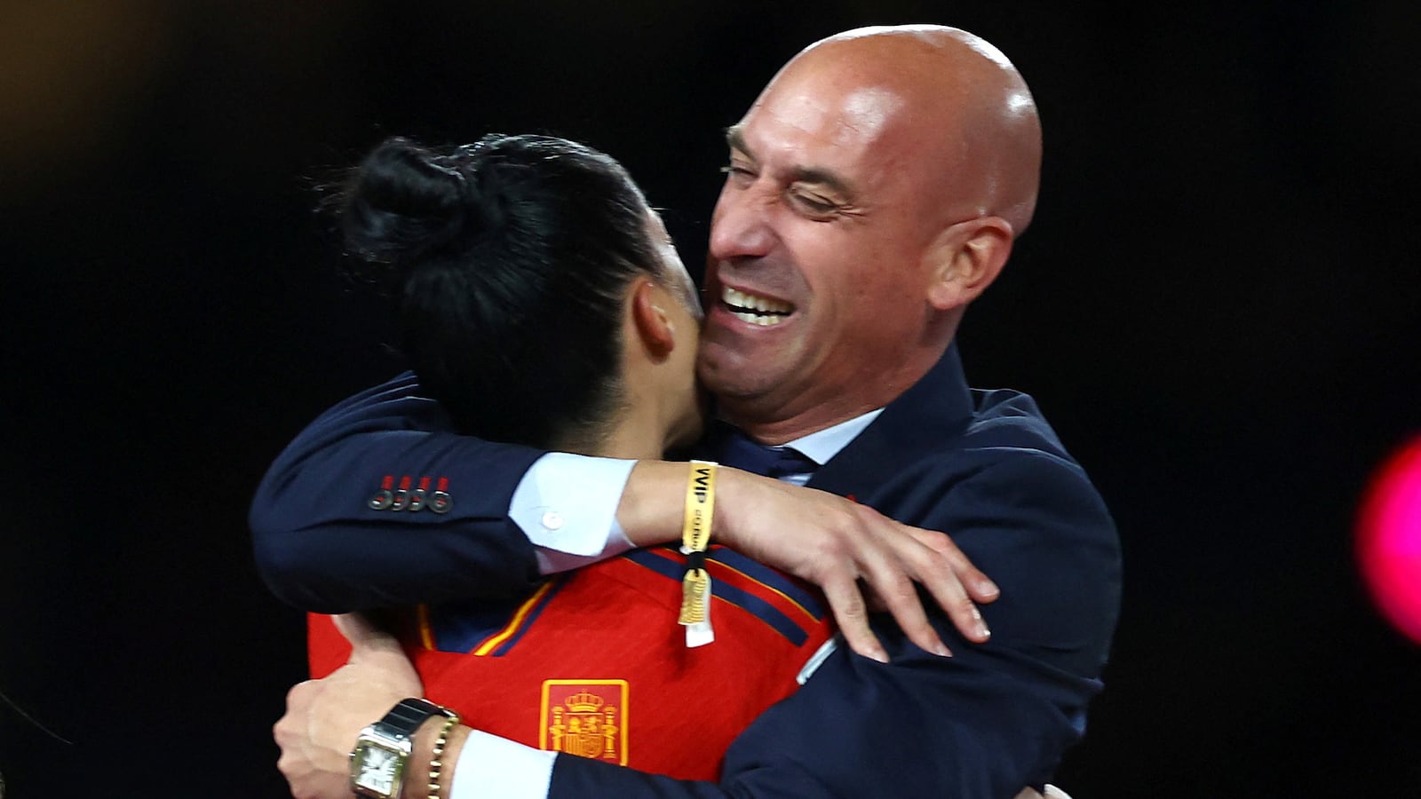 Spain's Jennifer Hermoso celebrates with President of the Royal Spanish Football Federation Luis Rubiales after the match.