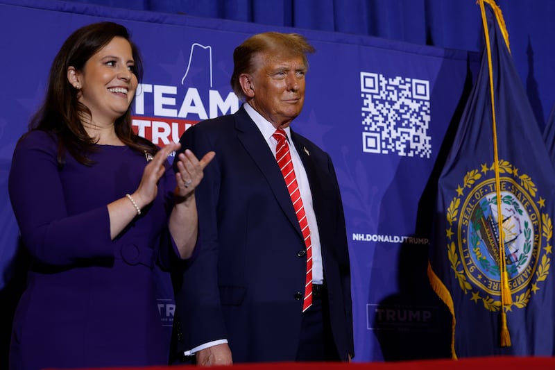 Rep. Elise Stefanik (R-NY) (L) joins Republican presidential candidate and former President Donald Trump.