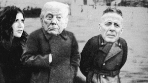 An animated GIF of Kristi Noem, Donald Trump, and Greg Bovino is style of a Stalin photograph.