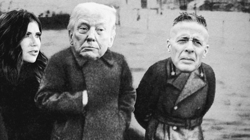 An animated GIF of Kristi Noem, Donald Trump, and Greg Bovino is style of a Stalin photograph.