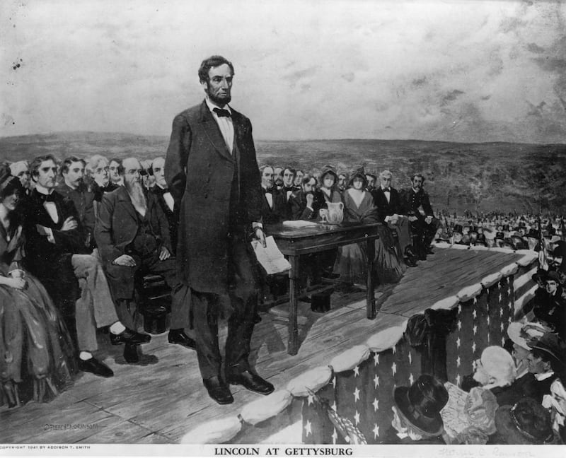 19th November 1863:  Abraham Lincoln, the 16th President of the United States of America, making his famous 'Gettysburg Address' speech at the dedication of the Gettysburg National Cemetery during the American Civil War. Original Artwork: Painting by Fletcher C Ransom