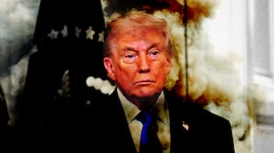 Donald Trump with a thousand yard stare with smoke plumes around him