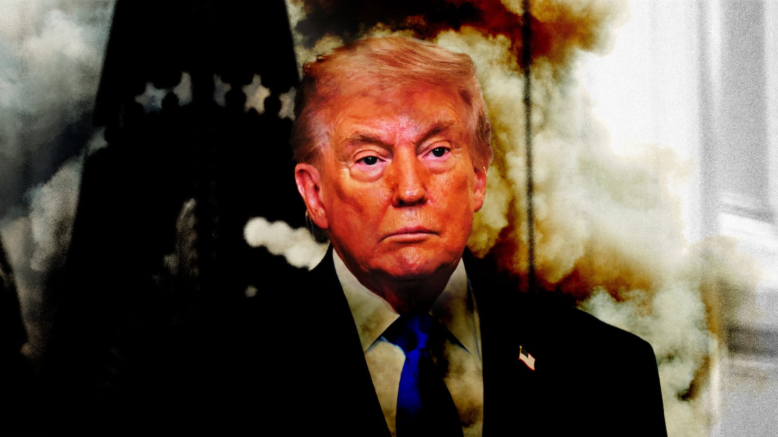 Donald Trump with a thousand yard stare with smoke plumes around him