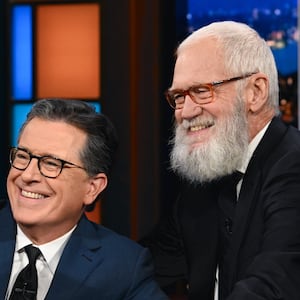 "The Late Show with Stephen Colbert" and guest David Letterman during November 20, 2023 show.
