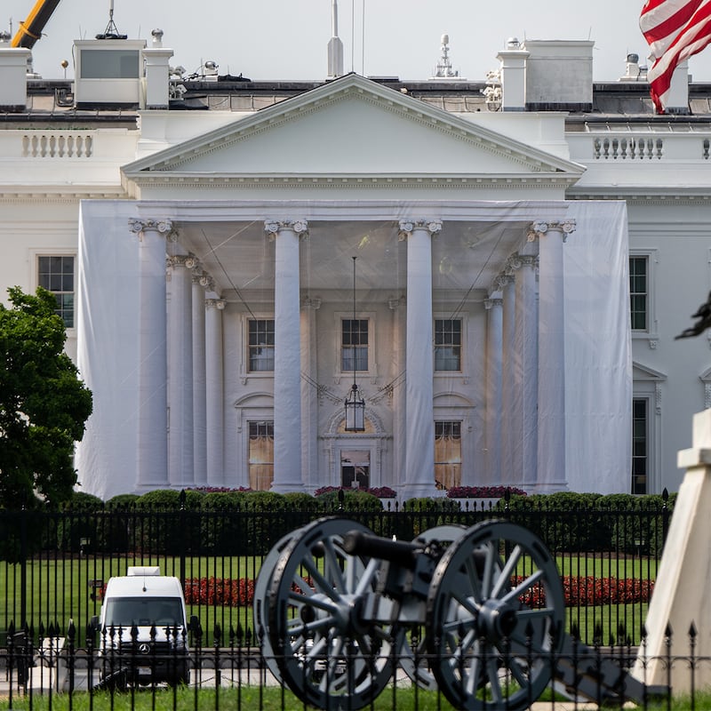 A tarp covers scaffolding on the North Portico of the White House, Friday, July 10, 2026, in Washington.