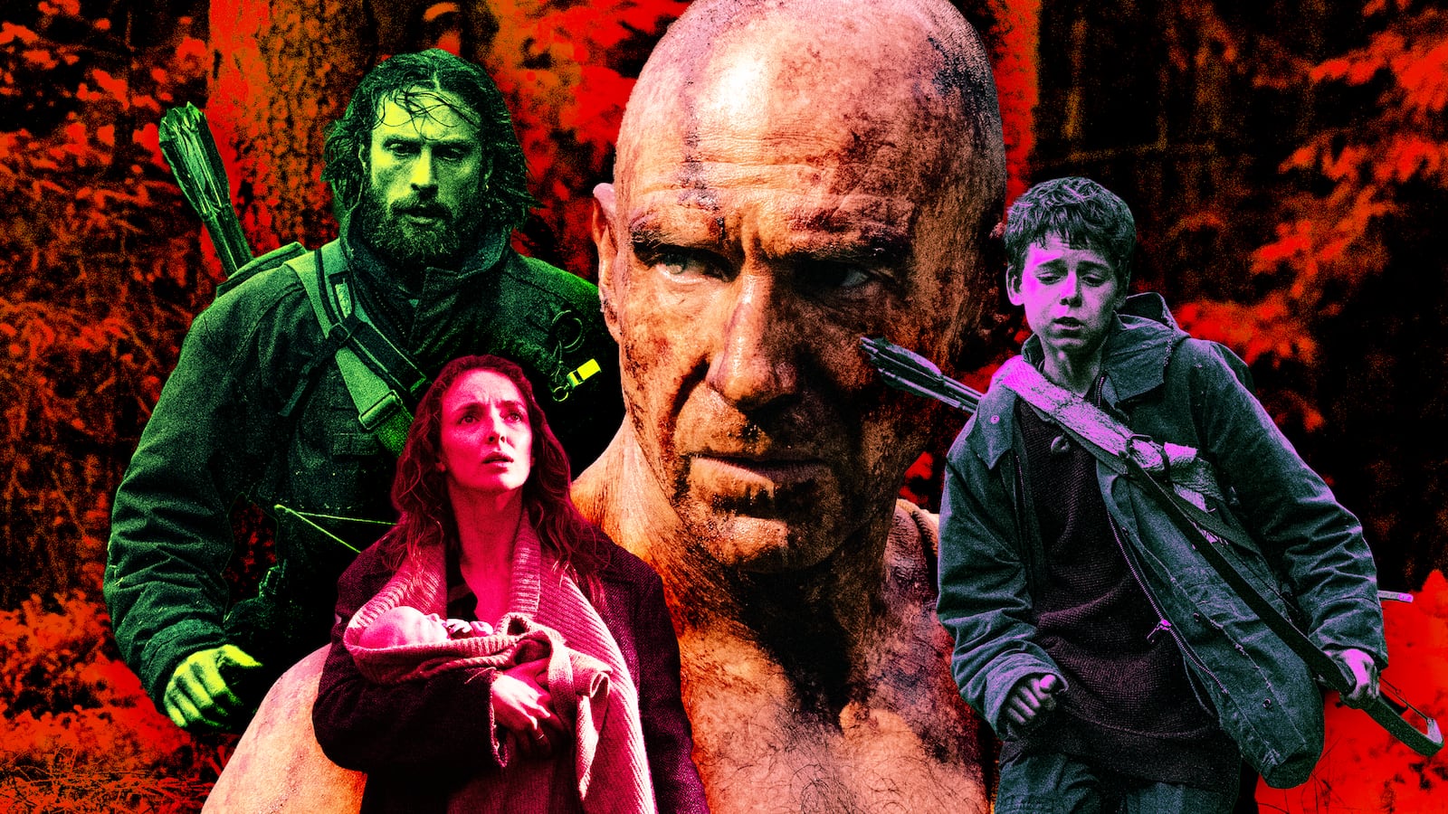 A photo illustration of Aaron Taylor-Johnson, Alfie Williams, Jodie Comer, and Ralph Fiennes in 28 Years Later.