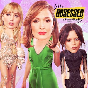 A photo illustration of Jennifer Lawrence, Rose Byrne, and Jenna Ortega from the Golden Globes red carpet.