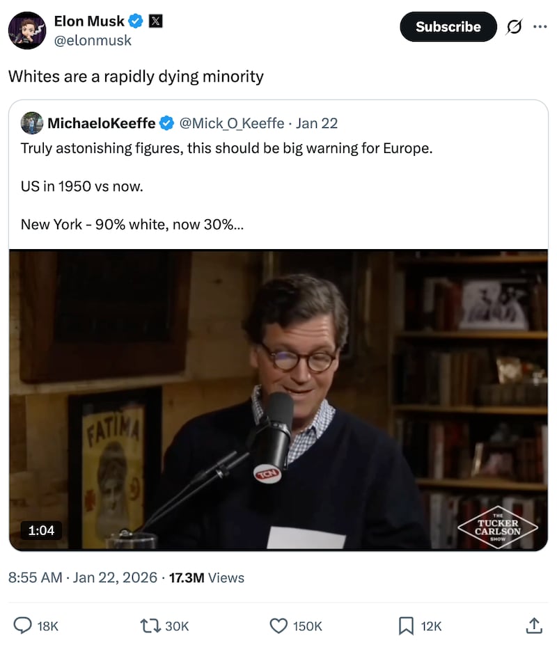 Elon Musk has repeatedly posted about white people being a “dying” minority in the world this year.