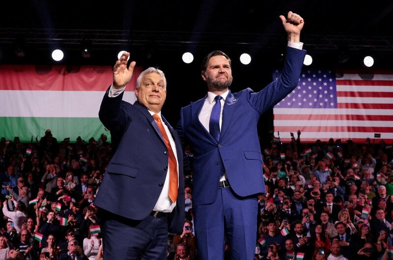 U.S. Vice President JD Vance and Hungarian Prime Minister Viktor Orban appear on stage together during Day of Friendship event at MTK Sportpark in Budapest, Hungary, April 7, 2026. REUTERS/Jonathan Ernst/Pool     TPX IMAGES OF THE DAY