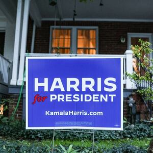 A campaign poster supporting Democratic Party presidential candidate Kamala Harris.