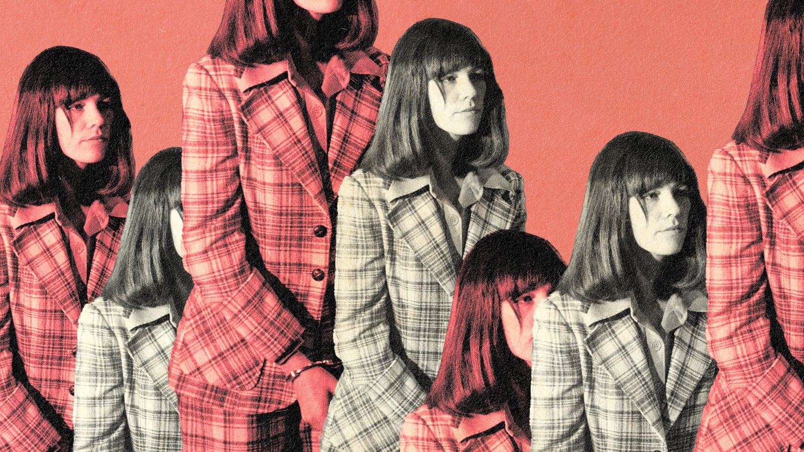 A photo illustration of Leslie Van Houten in black and white and in pink and black repeating over each other