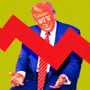 A photo illustration of Donald Trump and a falling red arrow.