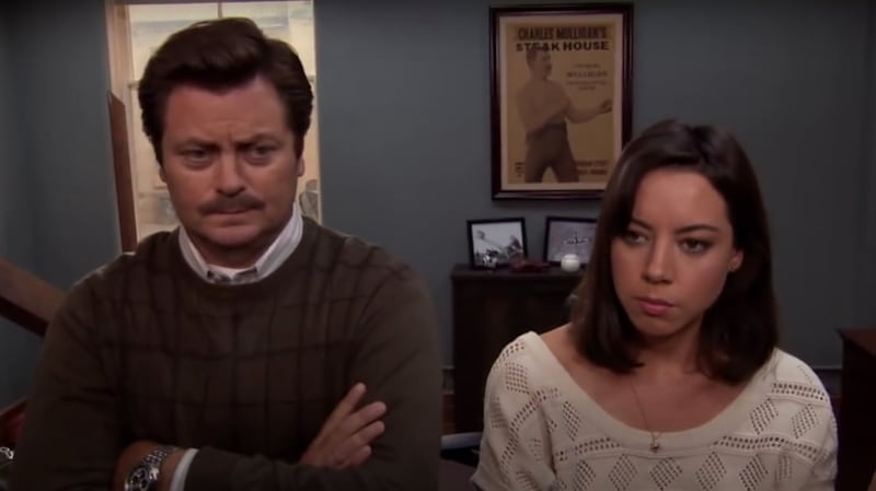 Aubrey Plaza and Nick Offerman on "Parks and Recreation"
