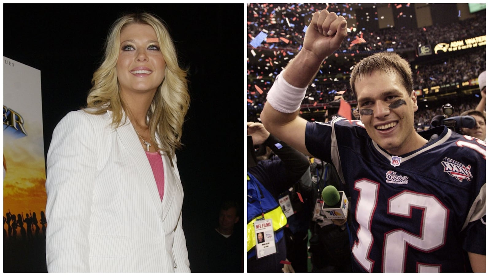 Side-by-side photos of Tara Reid and Tom Brady from 2002.