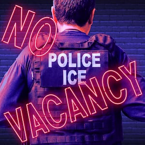 A photo illustration of a DHS ICE agent and a hotel No Vacancy neon sign.