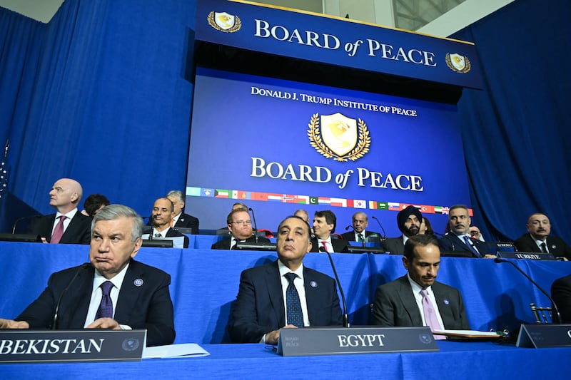 (Front row, L/R) Uzbekistan's President Shavkat Mirziyoyev, Egypt's Prime Minister Mostafa Madbouly and Qatar's Prime Minister Sheikh Mohammed bin Abdulrahman bin Jassim al-Thani attend the inaugural meeting of the "Board of Peace."