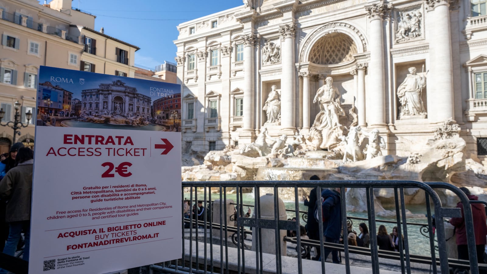 view shows the Trevi Fountain after the city introduces a two-euro paid entry, on February 2, 2026 in Rome, Italy. Rome has introduced a 2 fee to access the viewing area of its iconic Trevi Fountain, which had previously been free to visit. The charge is intended to help manage the numbers of tourists and raise funds for the monument's upkeep.