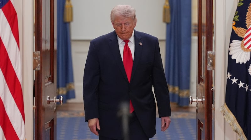 President Donald Trump arrives to address the nation from the Cross Hall of the White House on April 1, 2026 in Washington, DC.