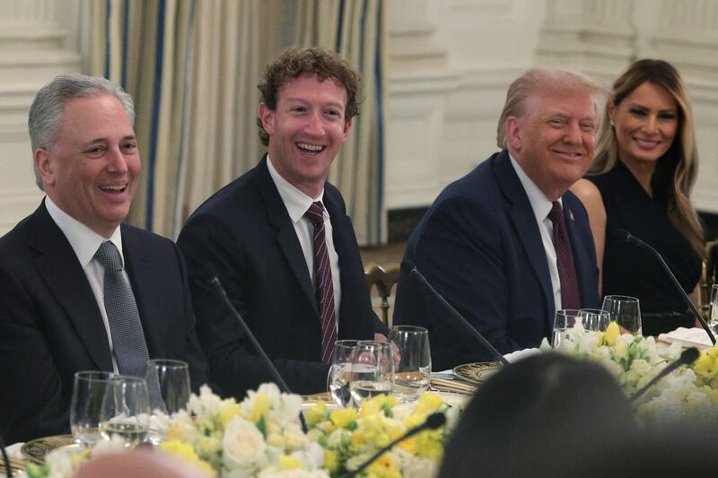 White House “AI and Crypto Czar” David Sachs, Meta CEO Mark Zuckerberg, President Donald Trump and first lady Melania Trump at the dinner in the State Dining Room. One notable absence at the event was Tesla CEO and ex-Trump advisor Elon Musk.