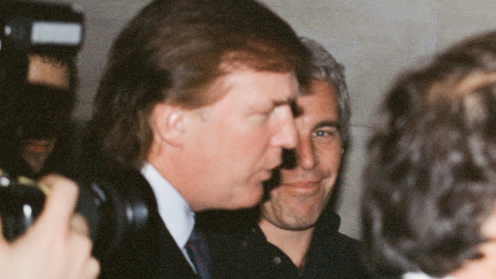 Donald Trump and Jeffrey Epstein attend a Victoria's Secret Angels event sponsored by Rogers & Cowan at the club Duvet on 21st Street in New York City, New York on April 9, 1997.