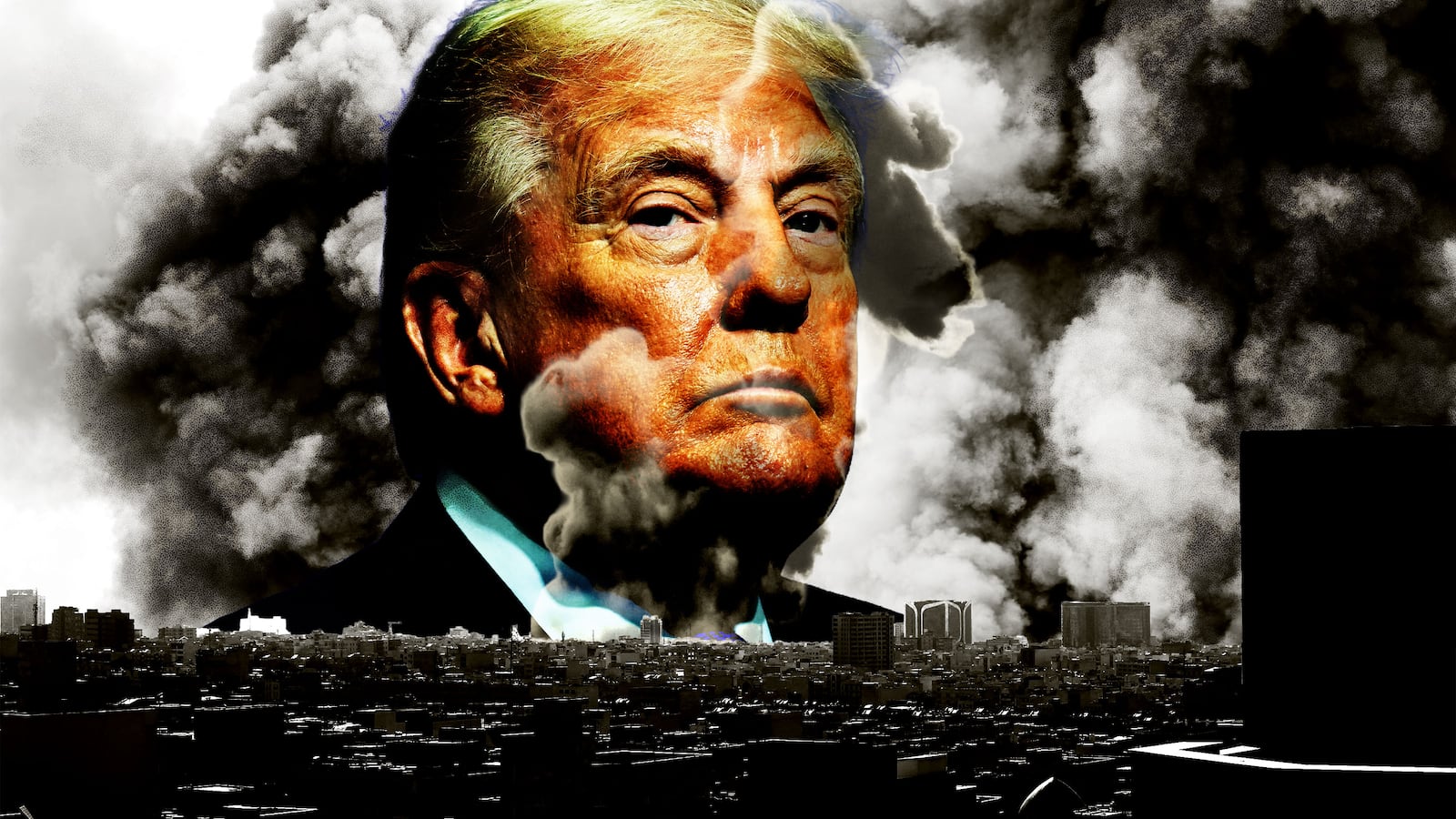 Donald Trump in smoke from bombs behind an image of Tehran after the United States bombed Iran