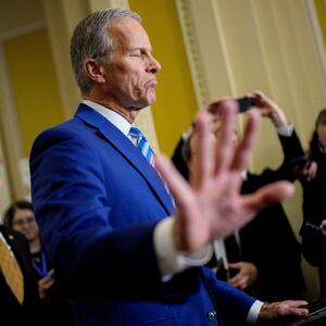 WASHINGTON, DC - OCTOBER 15: Senate Majority Leader John Thune (R-SD) gestures while speaking to reporters following a Republican policy luncheon at the U.S. Capitol Building on October 15, 2025 in Washington, DC. The government remains shut down after Congress failed to reach a funding deal 15 days ago. (Photo by Andrew Harnik/Getty Images)