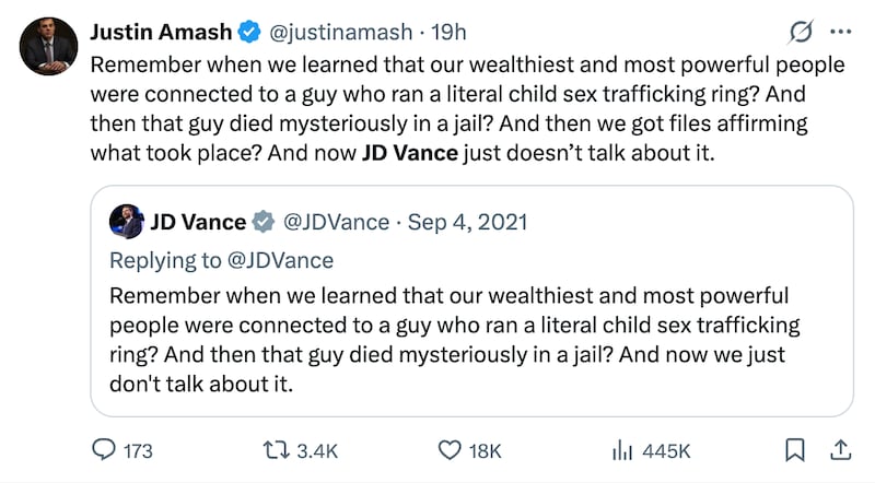 Former Michigan Representative Justin Amash criticizes VP JD Vance's silence on latest Epstein file dump.