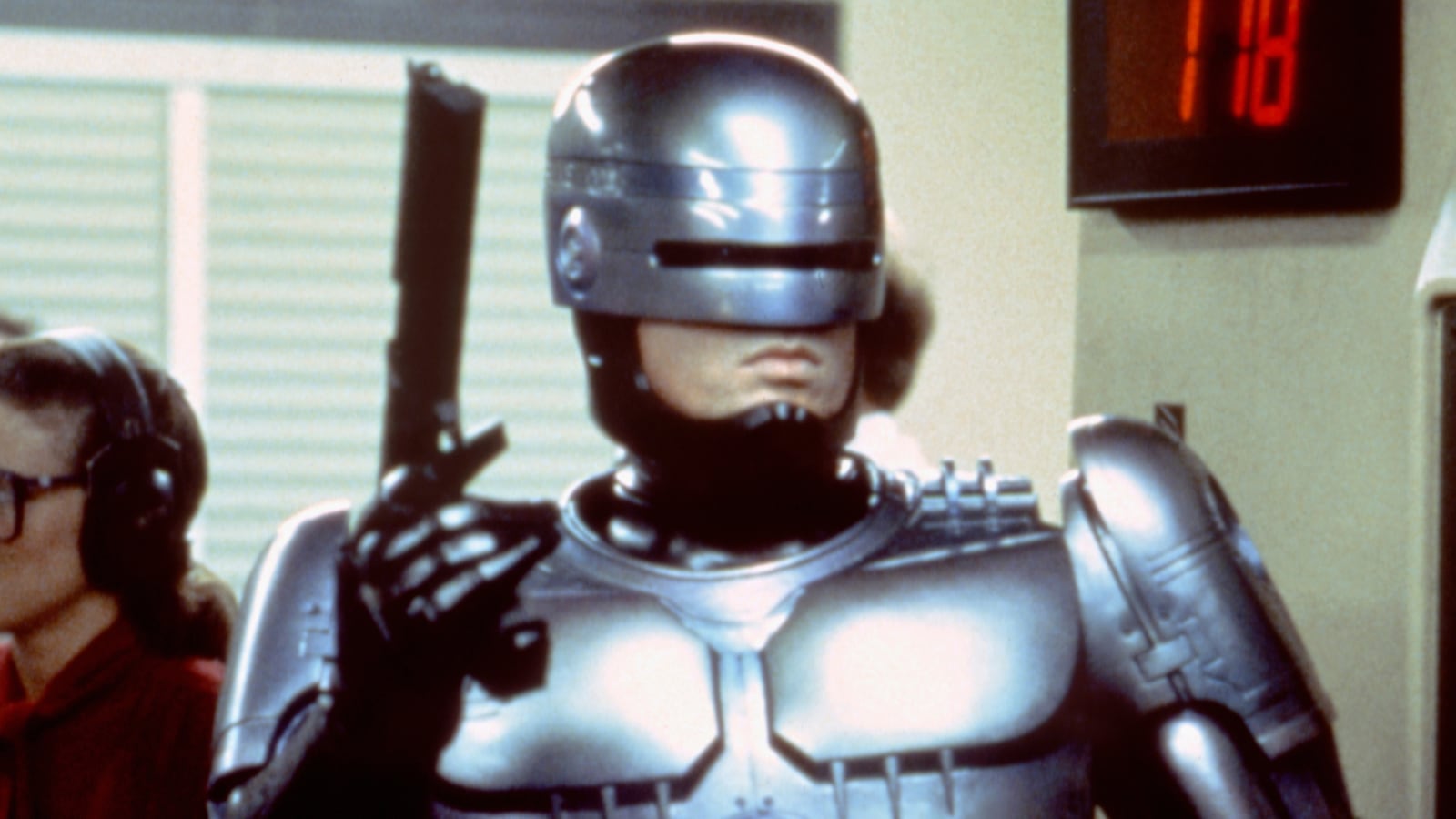 American actor Peter Weller on the set of RoboCop, directed by Paul Verhoeven.