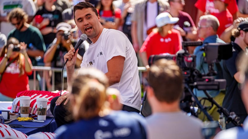 OREM, UTAH - SEPTEMBER 10:  Charlie Kirk speaks at Utah Valley University on September 10, 2025 in Orem, Utah.  Kirk, founder of Turning Point USA, was speaking at his "American Comeback Tour" when he was shot in the neck and killed.