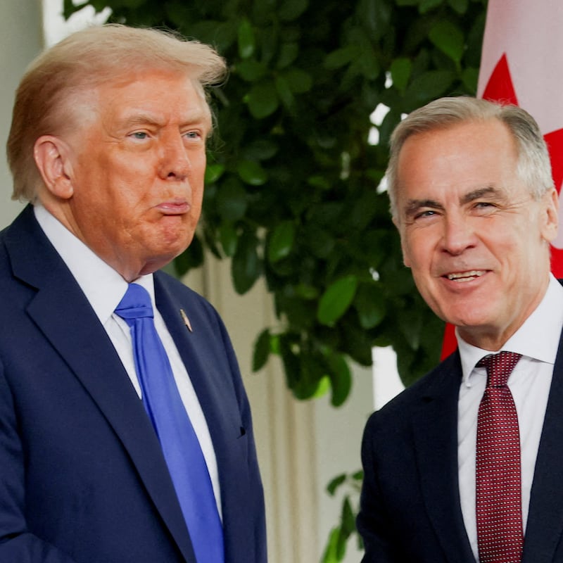 A grumpy Trump welcomes Canada's Prime Minister Mark Carney at the White House last year.