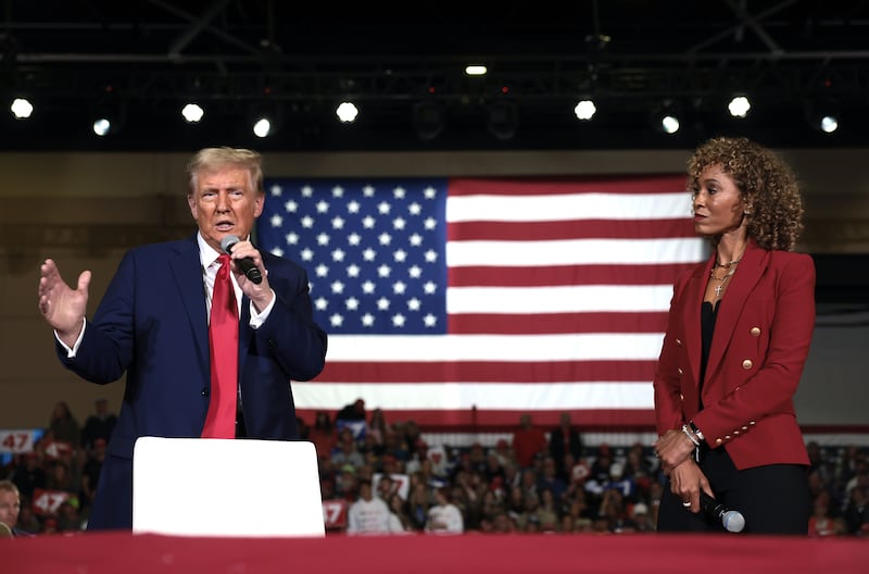 LANCASTER, PENNSYLVANIA - OCTOBER 20: Republican presidential nominee, former U.S. President Donald Trump, speaks alongside moderator Sage Steele during a town hall campaign event at the Lancaster County Convention Center on October 20, 2024 in Lancaster, Pennsylvania. Trump is campaigning the entire day in the state of Pennsylvania. Trump and Democratic presidential nominee Vice President Kamala Harris continue to campaign in battleground swing states ahead of the November 5 election. (Photo by Win McNamee/Getty Images)
