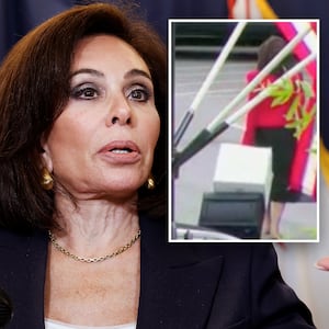 Jeanie Pirro with an inset of Pirro wheeling boxes after a meeting at the White House.