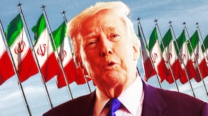 A photo illustration of Donald Trump and Iranian flags.