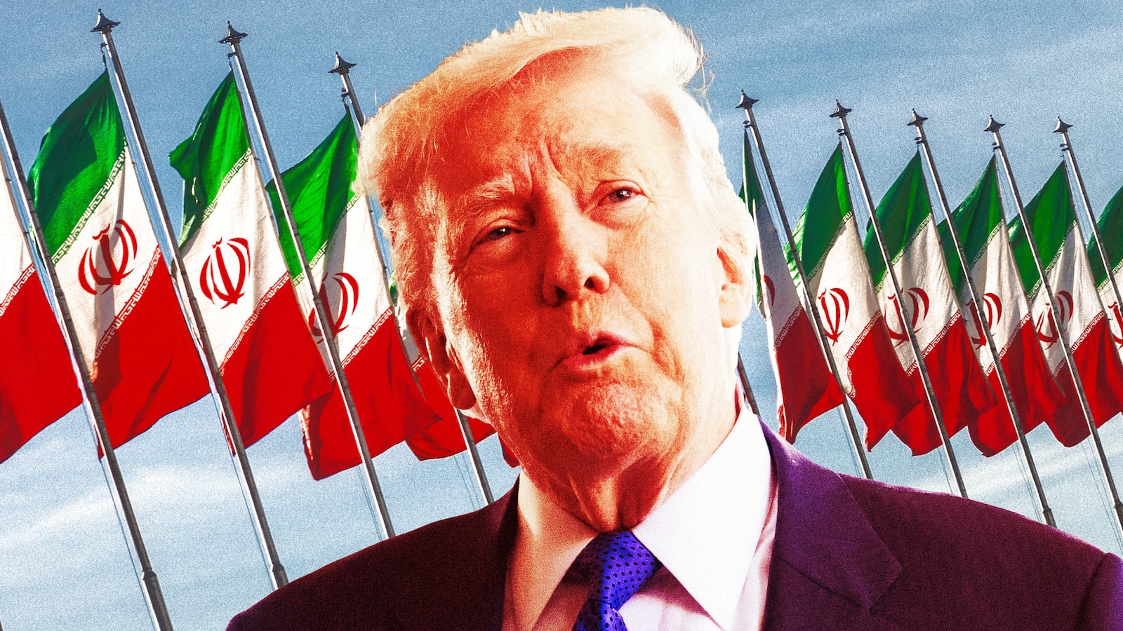 A photo illustration of Donald Trump and Iranian flags.